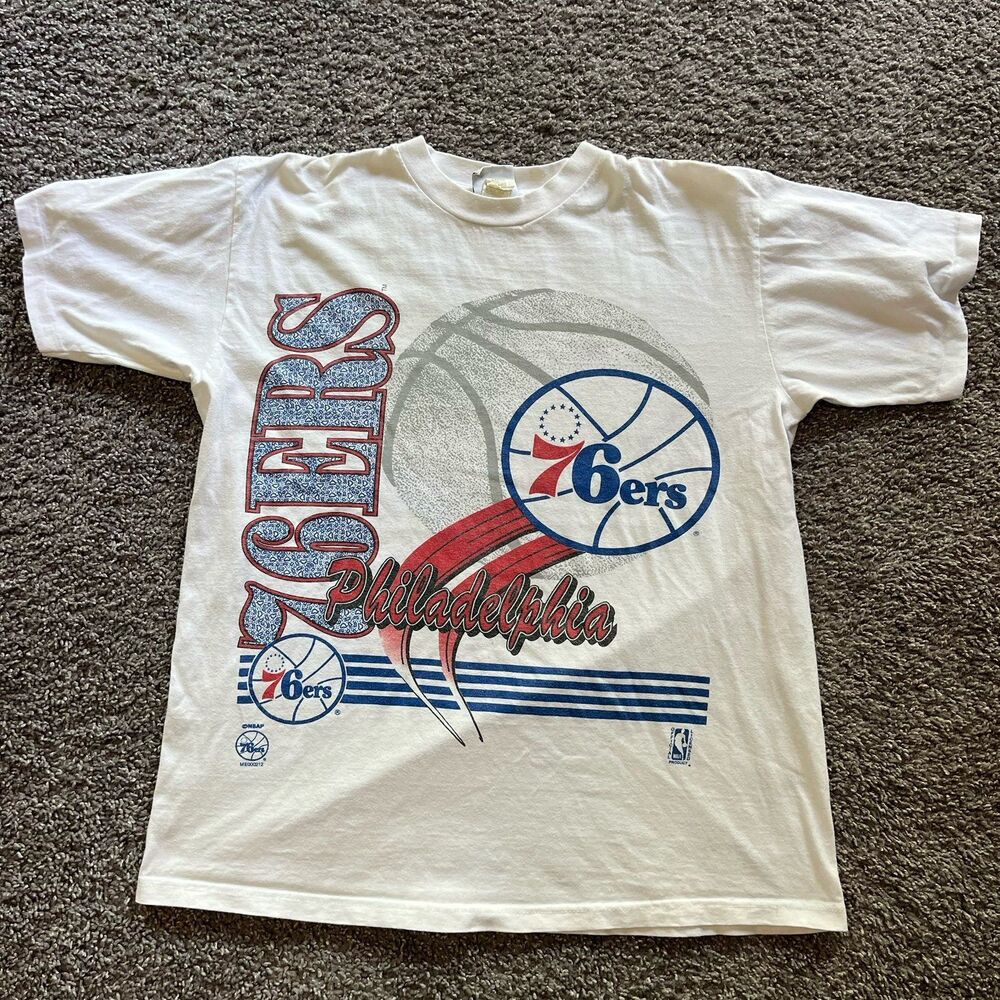 Vintage 90s Philadelphia 76ers Sixers T Shirt White NBA Dynasty Size Large
